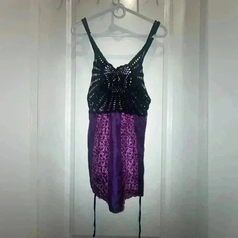 FREE PEOPLE Women’s Purple Silk Open-Crocheted Top  Tie-Back